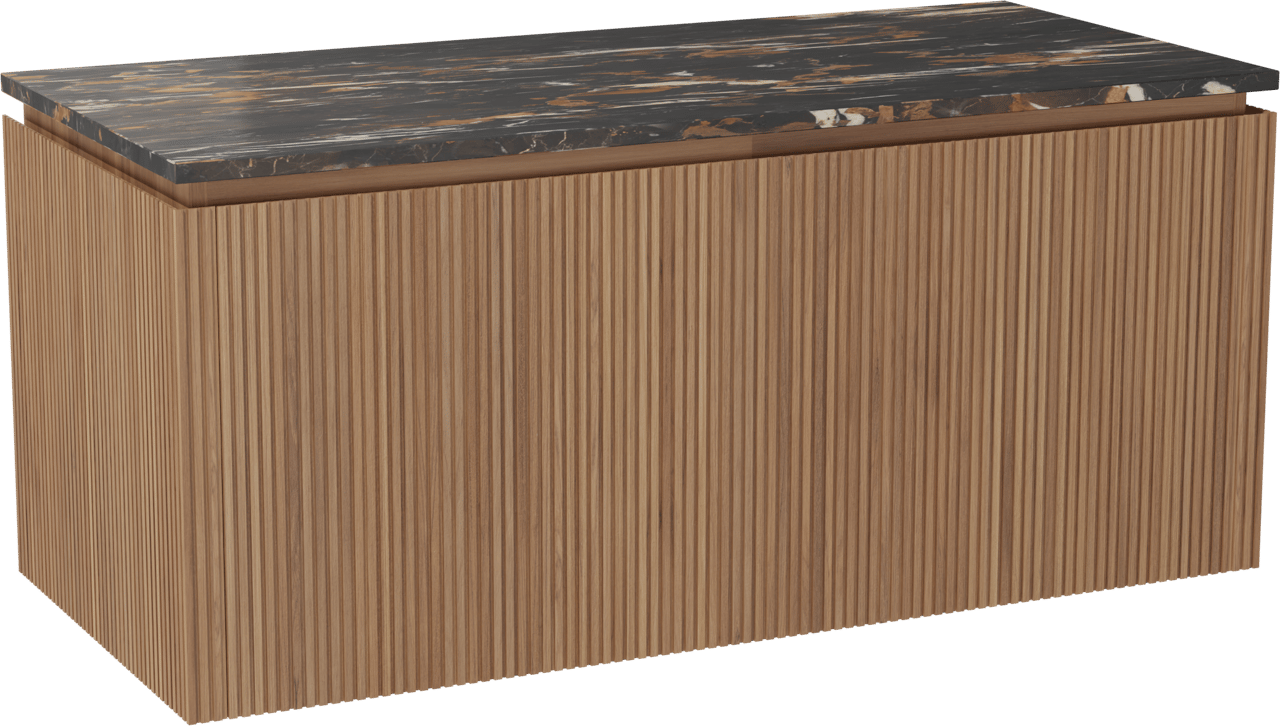 Balmani Eclips meuble salle de bains suspendu 120 x 55 cm Teck avec Stretto tablette simple en Portoro Gold marbre, Nervure droite symétrique verticale