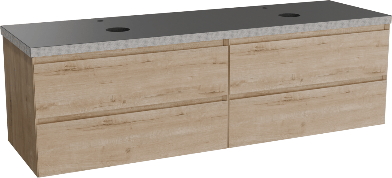 Balmani Mitra hängendes Möbelstück Set: 180 x 55 cm, Rohe Eiche, mit Rock Doppel Waschtischplatte, Schwarzes Granit