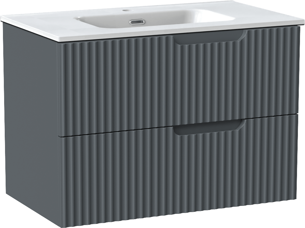 Linie Ribbo meuble salle de bains suspendu 80 x 46 cm bleu anthracite avec Baro plan simple en porcelaine blanc brillant, Nervure circulaire symétrique verticale