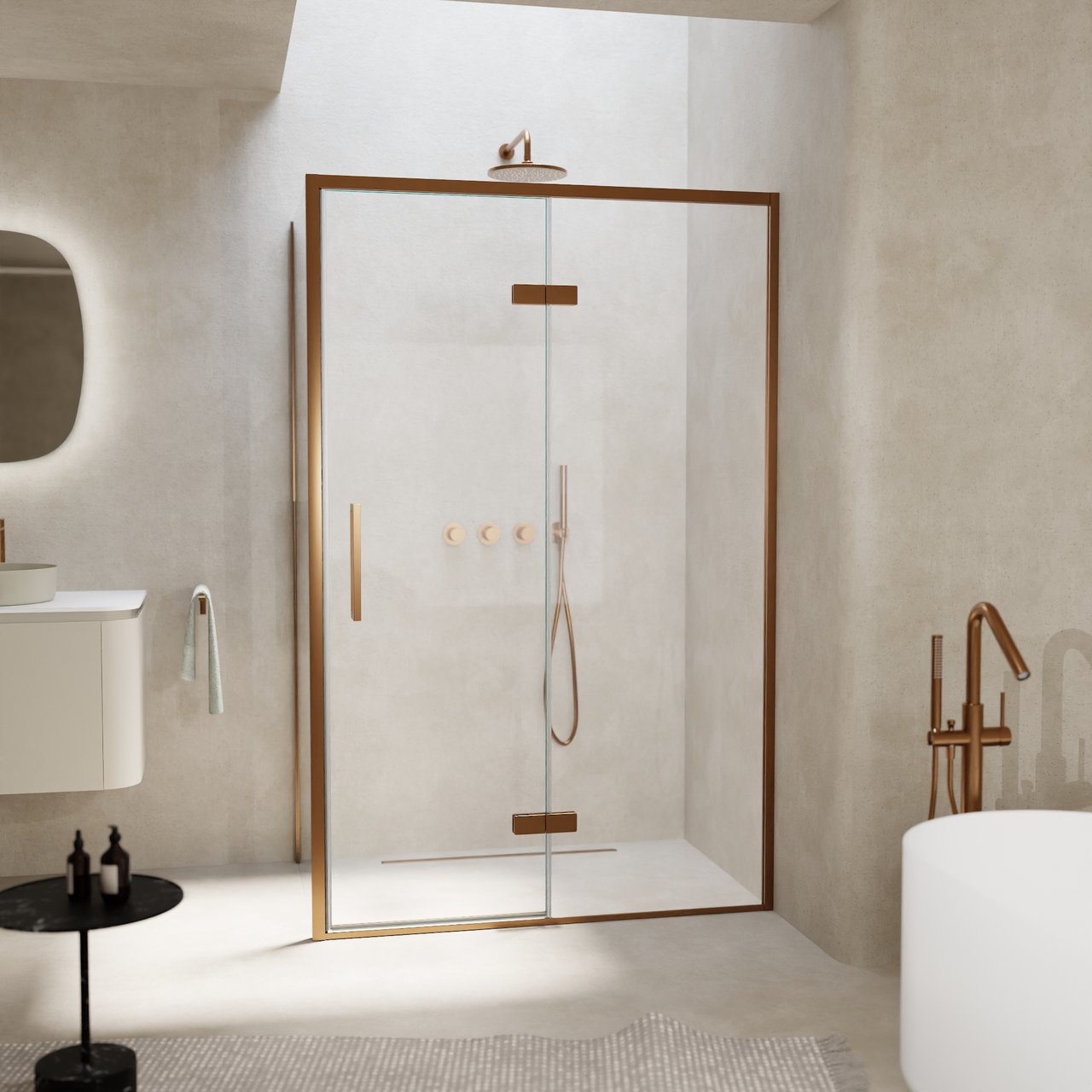 Balmani Senses Design douche en coin avec porte pivotante à droite et paroi latérale fixe, 120 x 70 cm, Verre transparent, Profil Brushed Rosegold