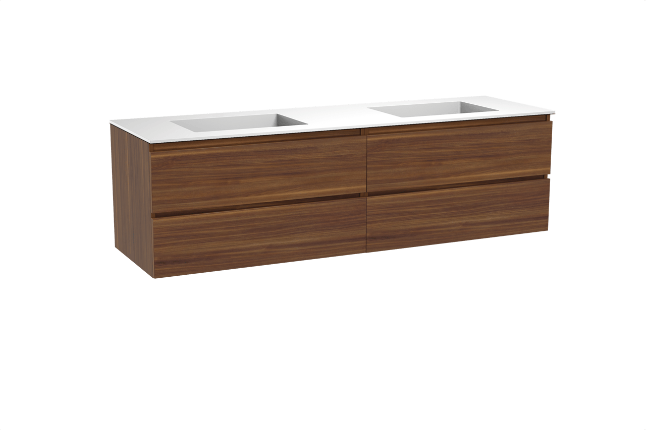 Balmani Lucida hängendes Möbelstück Set: 180 x 55 cm, Amerikanischer Nussbaum, mit Tablo Stretto Doppelwaschtisch, Solid Surface Weiß matt