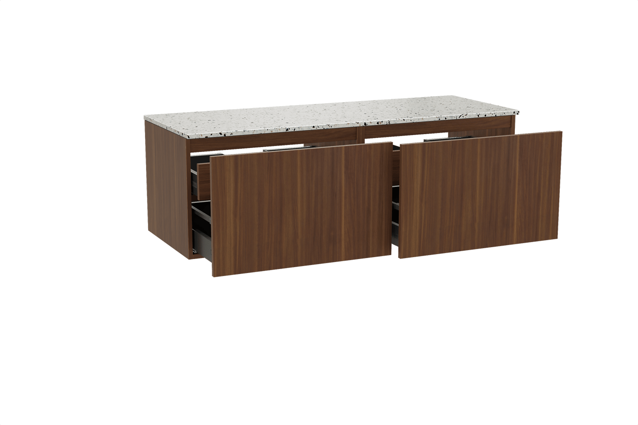 Balmani Sfera meuble salle de bains suspendu 150 x 55 cm noyer américain avec Stretto tablette simple ou double en blanc/noir mat terrazzo