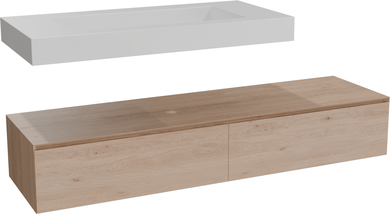 Balmani Mitra Elements meuble salle de bains suspendu 180 x 55 cm chêne naturel avec Dominus lavabo simple pour 2 trous de robinet 120 cm en solid surface blanc mat