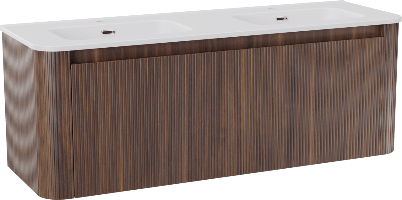 Storke Soft meuble salle de bains suspendu 140 x 46 cm noyer avec Kera Soft double vasque en porcelaine blanc mat, Nervure droite symétrique verticale