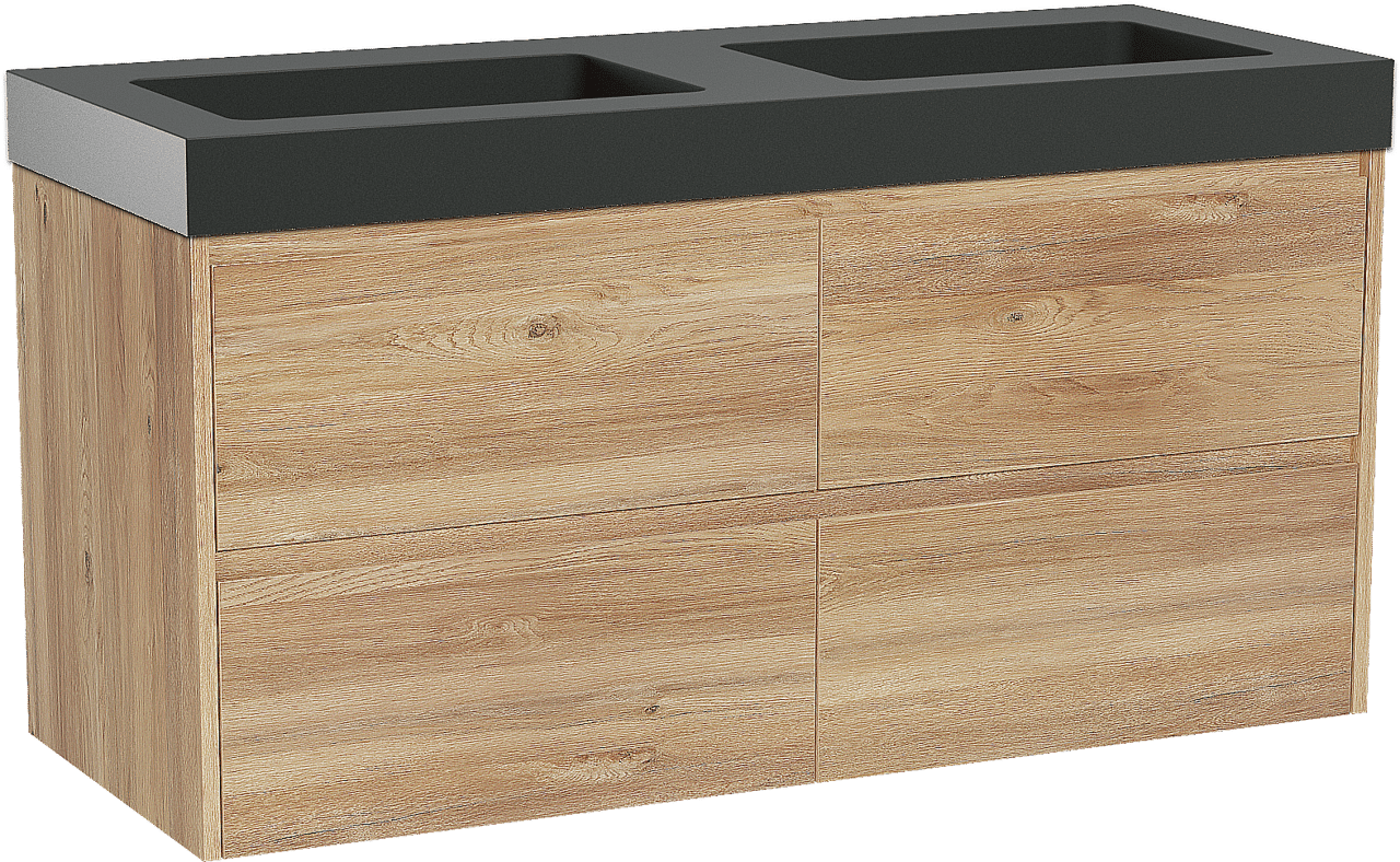 Storke Seda zwevend badmeubel 130 x 52 cm ruw eiken met Scuro High dubbele wastafel in kwarts mat zwart