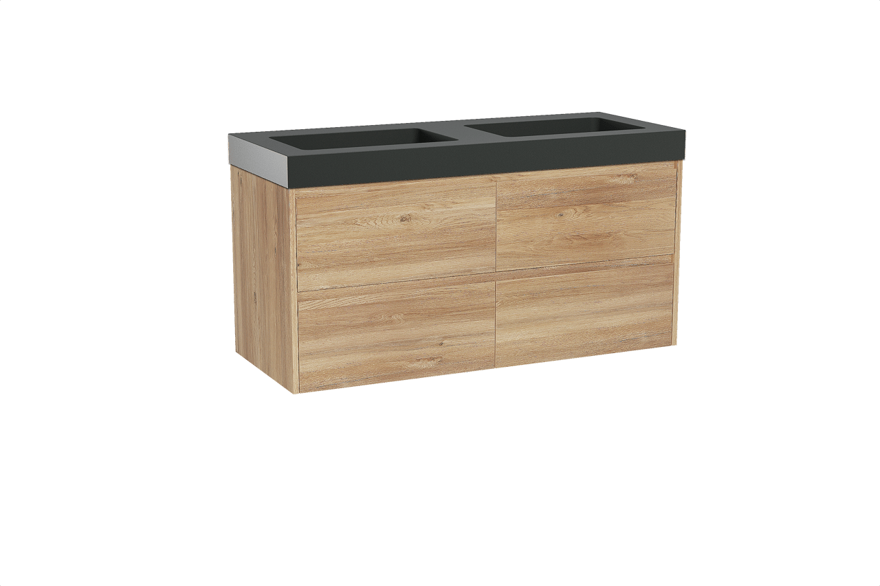 Storke Seda zwevend badkamermeubel 130 x 52 cm ruwe eik met Scuro High dubbele wastafel in kwarts mat zwart