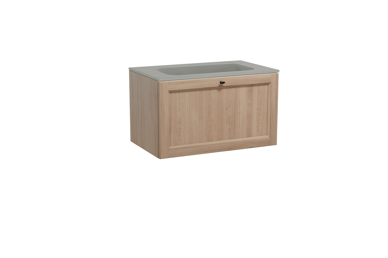 Balmani Lemon hängendes Möbelstück Set: 90 x 55 cm, Verwitterte Eiche, mit Tablo Strada Einzelwaschtisch, Marmorkomposit Seidengrau