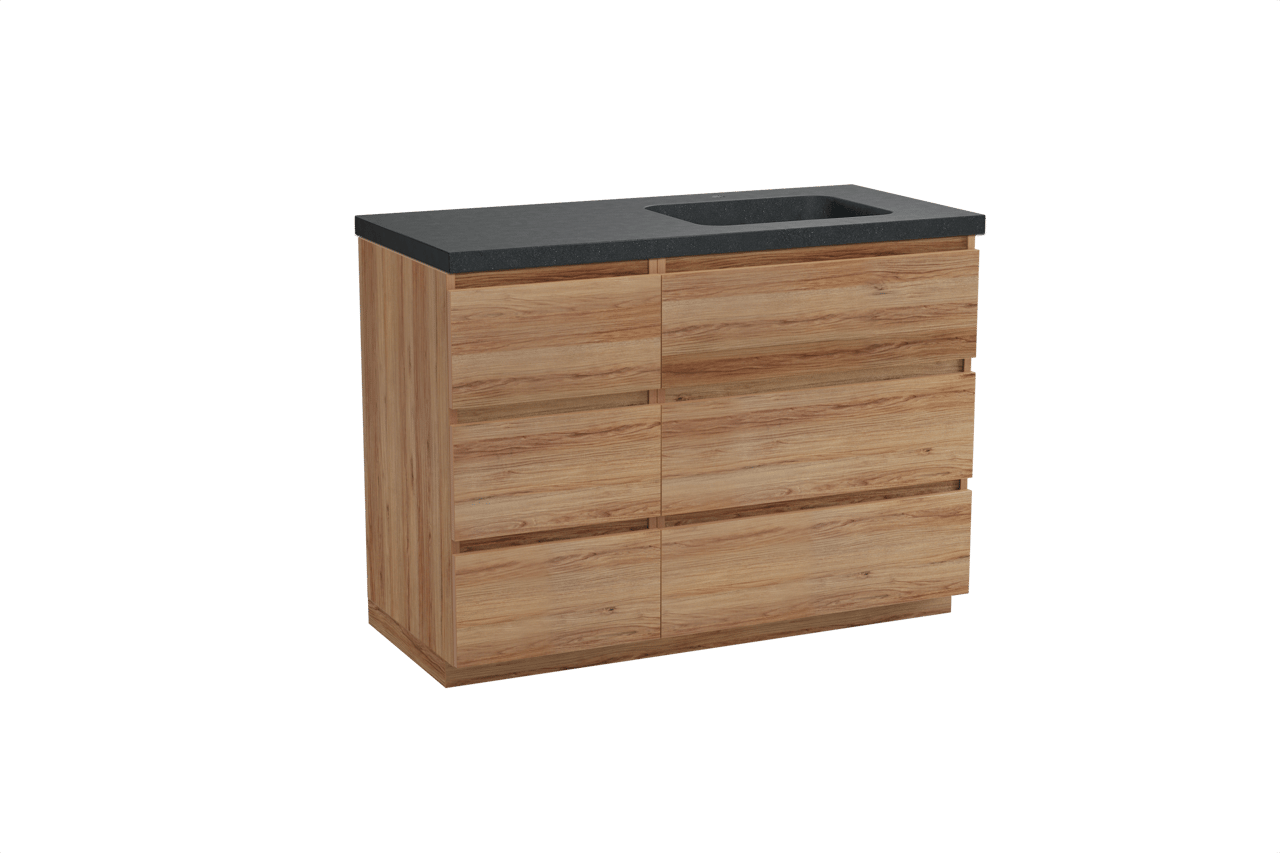 Balmani Lucida meuble salle de bains à poser 120 x 55 cm teck avec Napoli plan vasque asymétrique à droite en granit noir