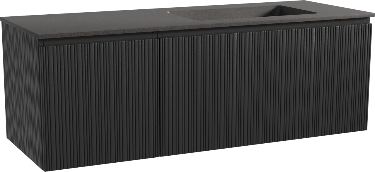 Storke Ribs zwevend badmeubel 140 x 52 cm zwart eiken met Scuro asymmetrisch rechtse wastafel in kwarts mat zwart, Verticale asymmetrische rechte ribbel