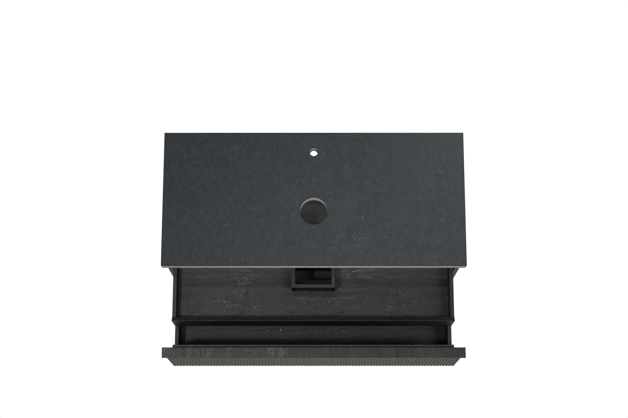 Balmani Forma hängendes Möbelstück Set: 120 x 55 cm, Schwarze Eiche, mit Rock Einzel Waschtischplatte, Granit, Schwarzes Granit, Vertikale symmetrische gerade Rippe