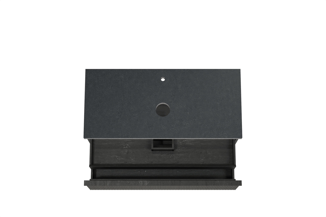 Balmani Forma hängendes Möbelstück Set: 120 x 55 cm, Schwarze Eiche, mit Rock Einzel Waschtischplatte, Granit, Schwarzes Granit, Vertikale symmetrische gerade Rippe
