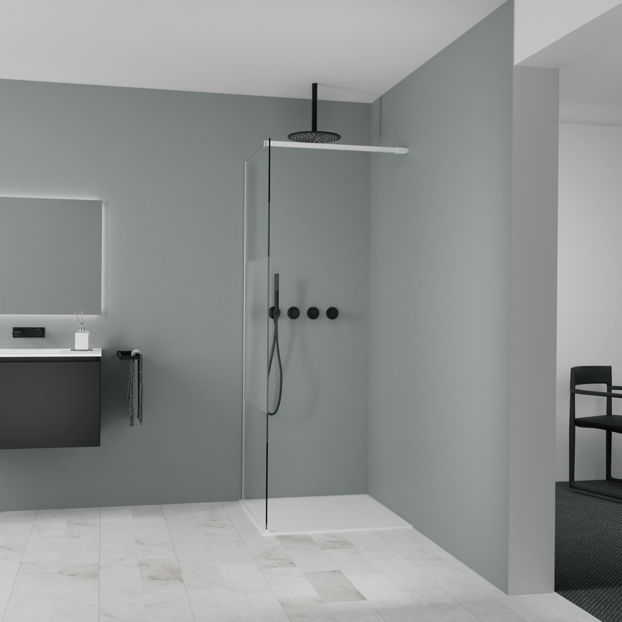 Balmani Modular douche à l'italienne: 80 x 200 cm, Verre transparent avec bande matte, avec coating, Profil Blanc mat
