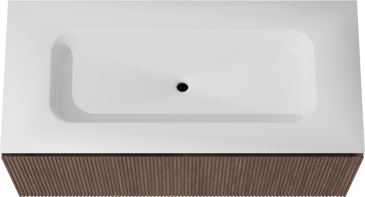 Balmani Eclips meuble salle de bains suspendu 120 x 55 cm Noyer américain avec Eclips plan simple en Solid Surface blanc mat, Nervure droite symétrique verticale