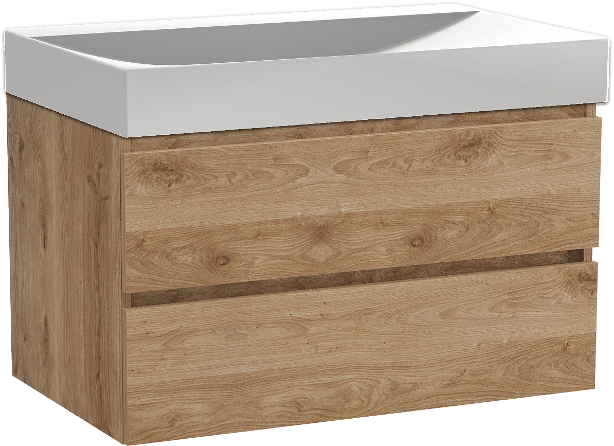 Balmani Lucida meuble salle de bains suspendu 90 x 55 cm chêne brut avec Wave plan simple en solid surface blanc mat