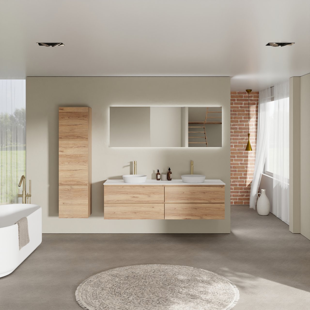 Balmani Lucida hängendes Möbelstück Set: 180 x 55 cm, Teak, mit Stretto Einzel- oder Doppel Waschtischplatte, Solid Surface Weiß matt