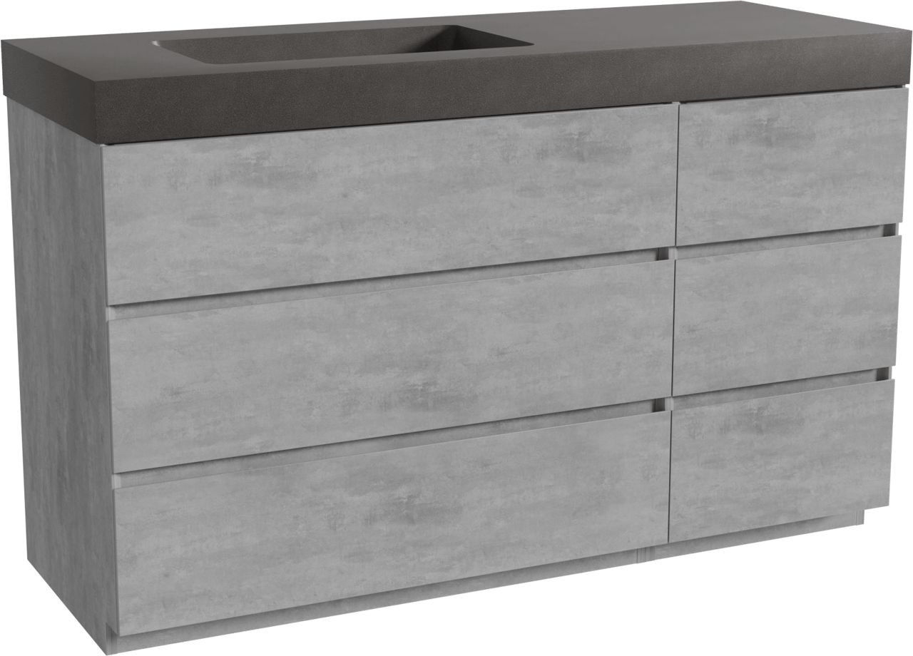 Storke Edge staand badkamermeubel 140 x 52 cm beton donkergrijs met Scuro High asymmetrisch linkse wastafel in kwarts mat zwart