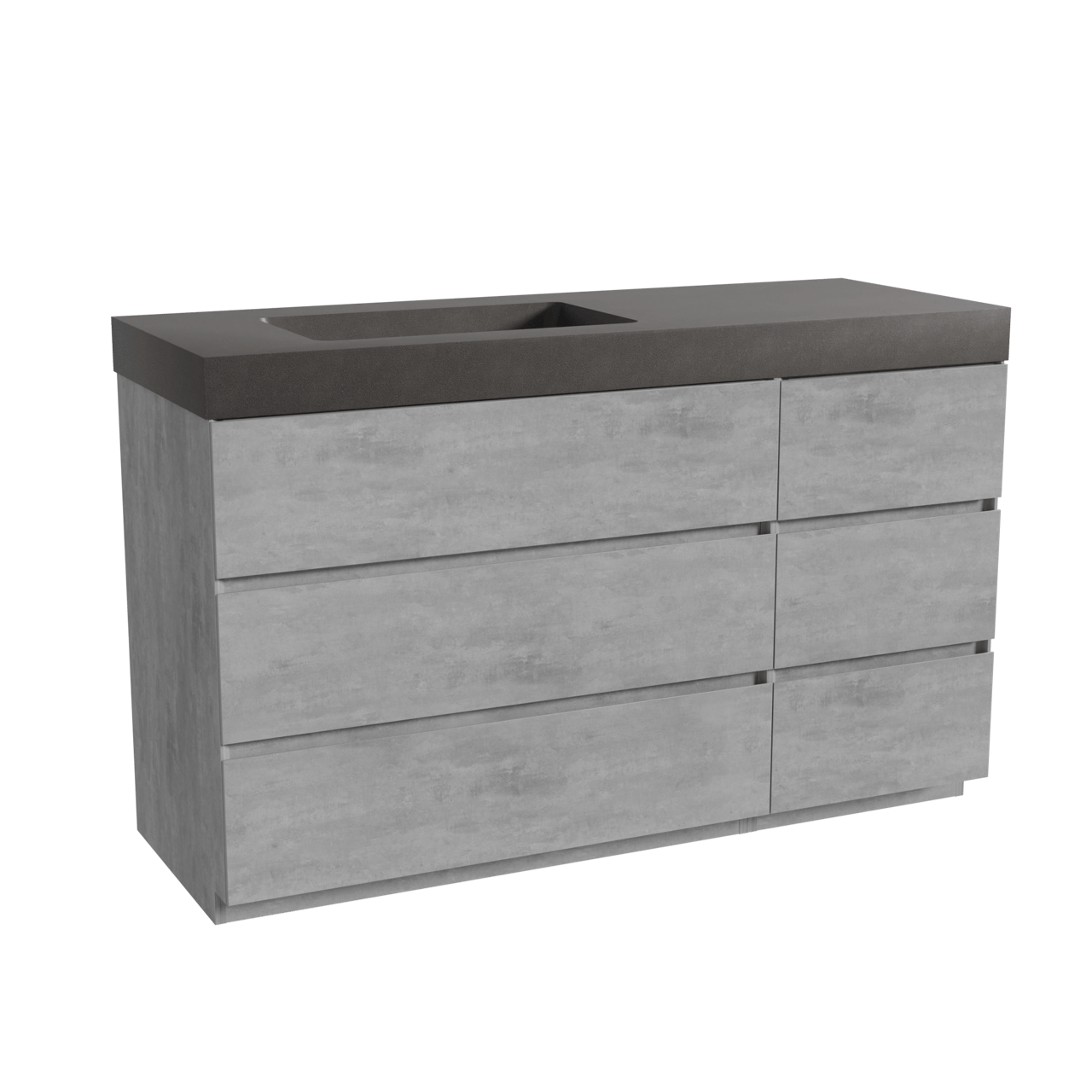 Storke Edge staand badkamermeubel 140 x 52 cm beton donkergrijs met Scuro High asymmetrisch linkse wastafel in kwarts mat zwart