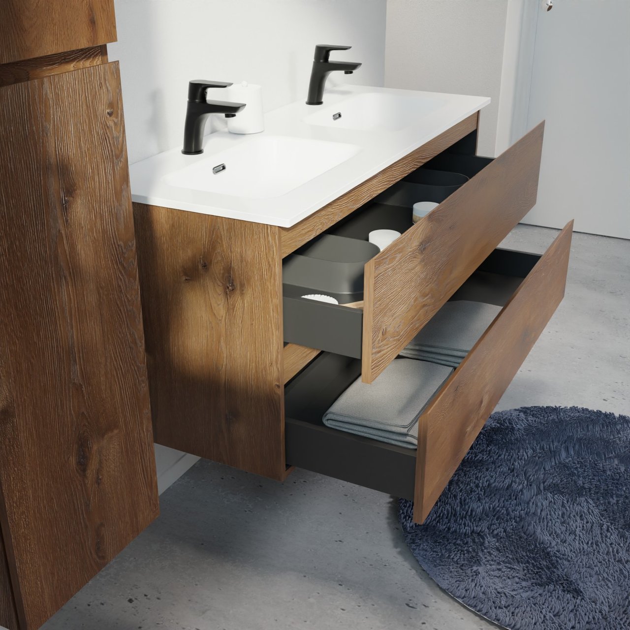 Linie Lado meuble salle de bains suspendu 120 x 46 cm chêne brun avec Baro double vasque en porcelaine blanc brillant