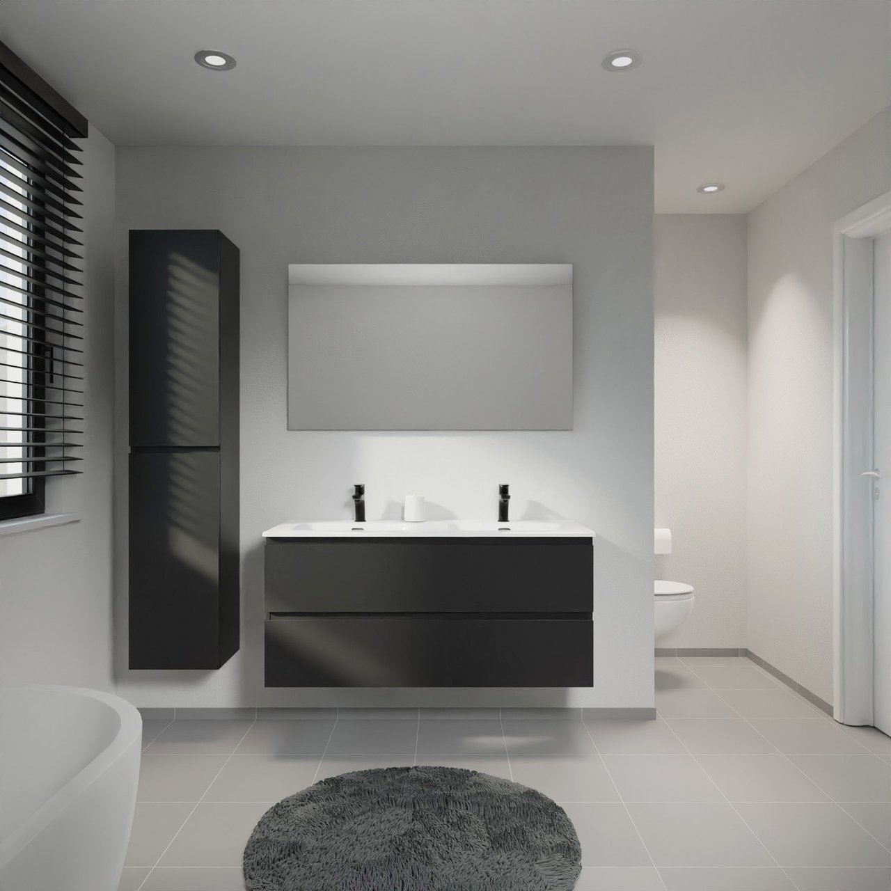 Linie Lado meuble salle de bains suspendu 120 x 46 cm noir mat avec Baro double vasque en porcelaine blanc brillant