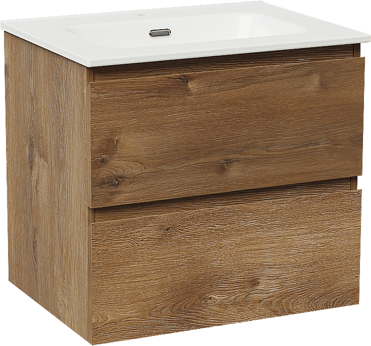 Linie Lado zwevend badmeubel 60 x 46 cm bruin eiken met Baro enkele wastafel in porselein hoogglans wit