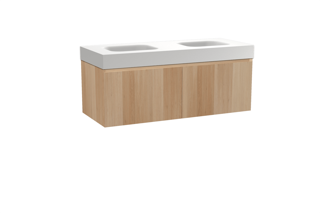 Balmani Idra meuble salle de bains suspendu 135 x 55 cm chêne naturel avec Arcato double vasque en solid surface blanc mat