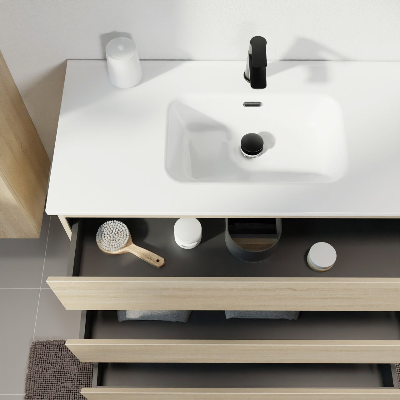 Linie Lado staand badmeubel 100 x 46 cm wit eiken met Baro enkele wastafel in porselein hoogglans wit