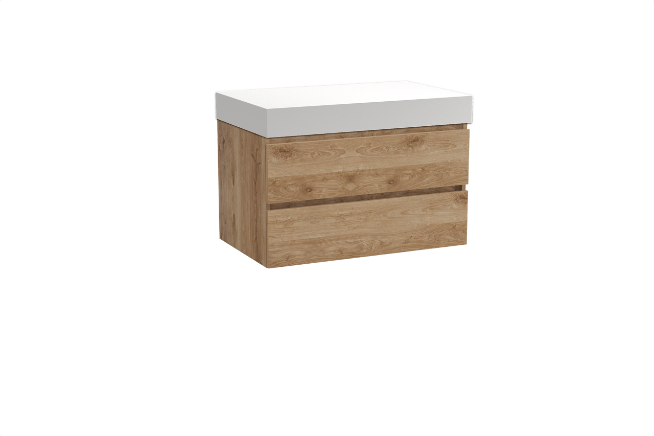 Balmani Lucida hängendes Möbelstück Set: 90 x 55 cm, Rohe Eiche, mit Dominus Einzel Waschtischplatte, Solid Surface Weiß matt