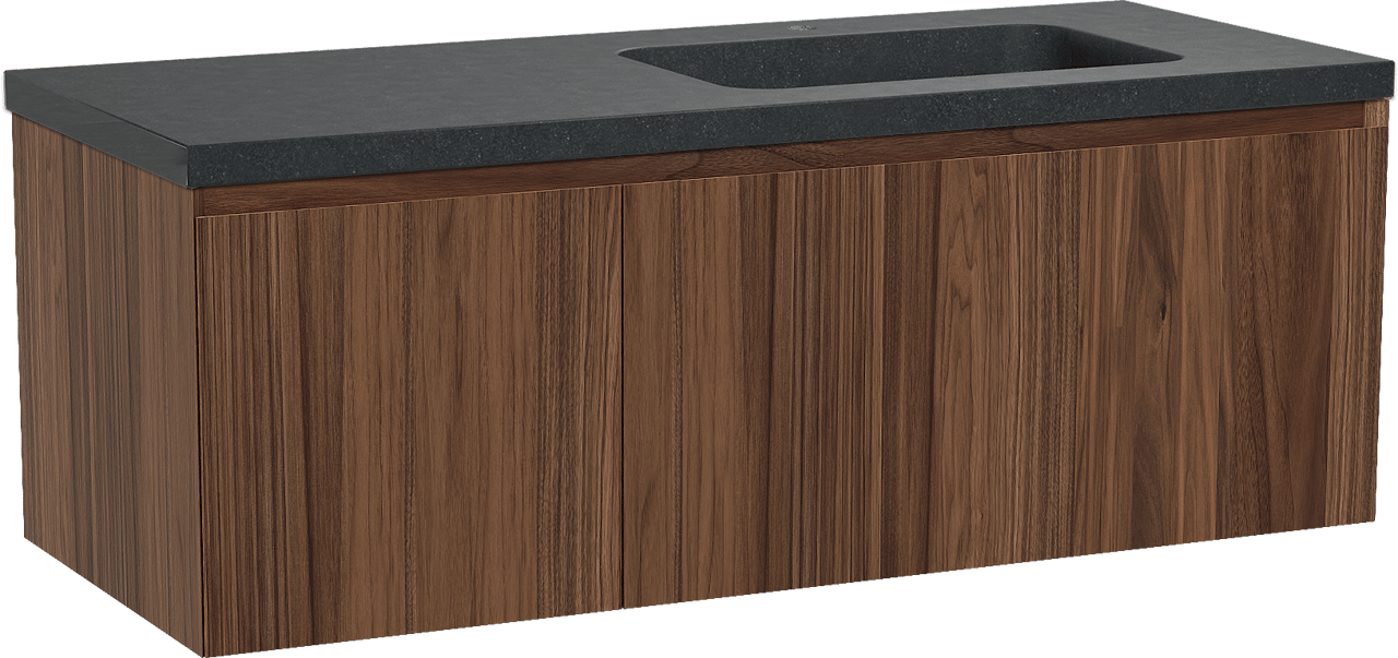 Balmani Idra meuble salle de bains suspendu 135 x 55 cm noyer avec Napoli plan vasque asymétrique à droite en granit noir
