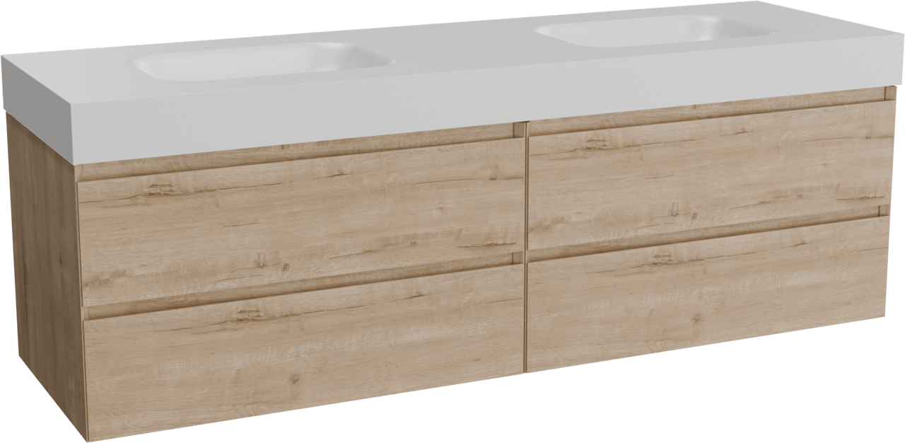 Balmani Mitra hängendes Möbelstück Set: 180 x 55 cm, Rohe Eiche, mit Arcato Doppelwaschtisch, Solid Surface Weiß matt