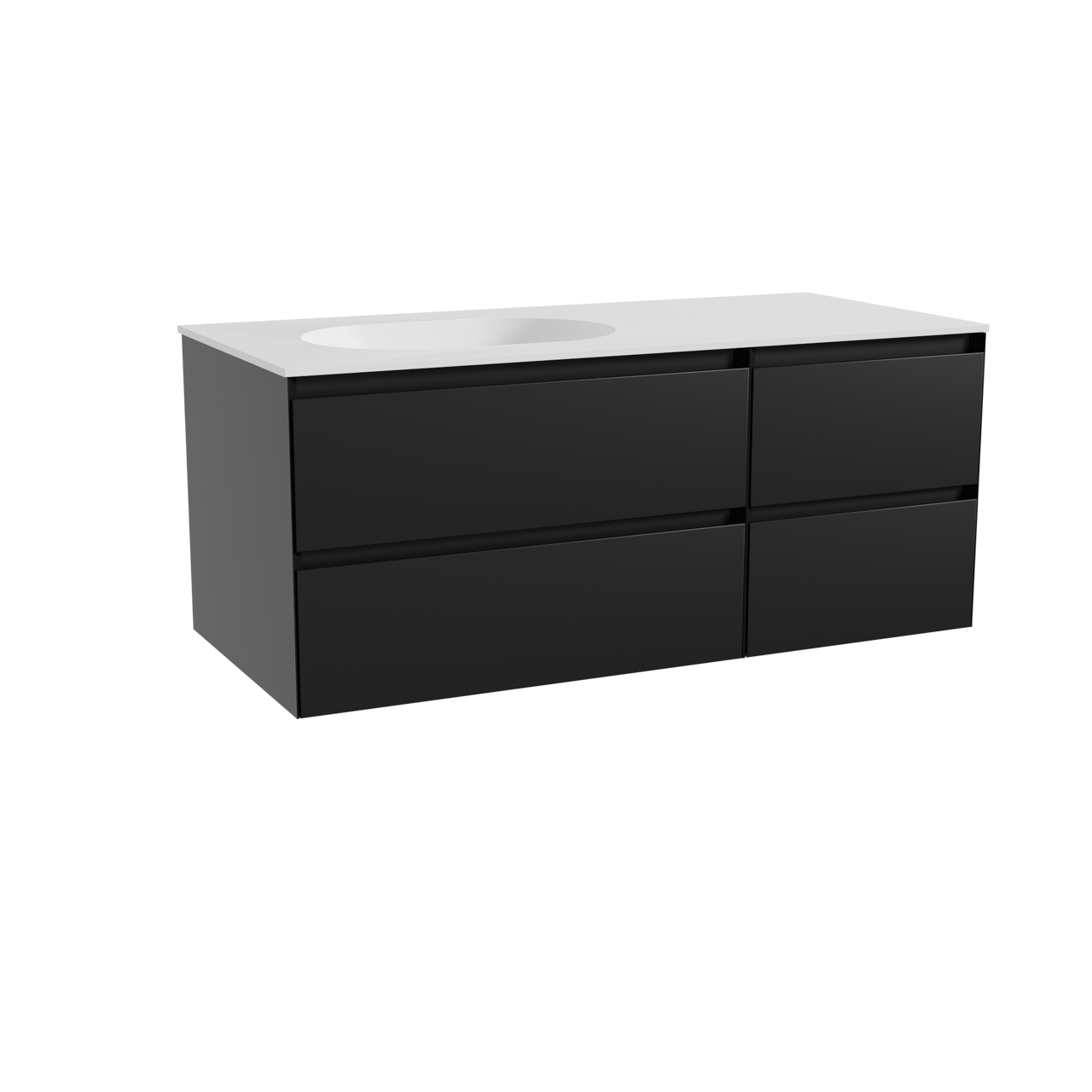 Balmani Mitra hängendes Möbelstück Set: 120 x 55 cm, Schwarz matt, mit Tablo Oval Waschtisch links, Solid Surface Weiß matt