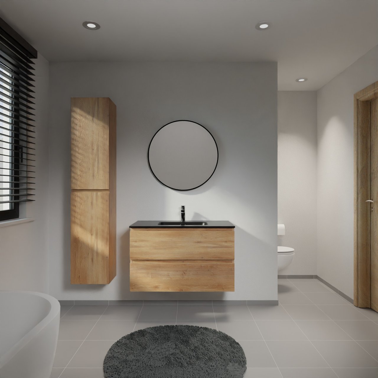 Linie Lado zwevend badkamermeubel 90 x 46 cm natuur eik met Baro enkele wastafel in porselein mat zwart