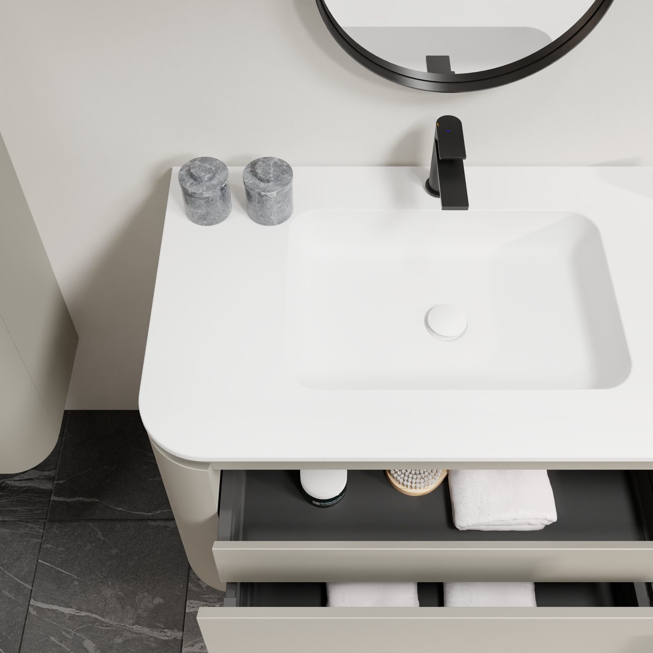 Balmani Moon meuble salle de bains suspendu 160 x 55 cm soie grise avec Moon double vasque en solid surface blanc mat