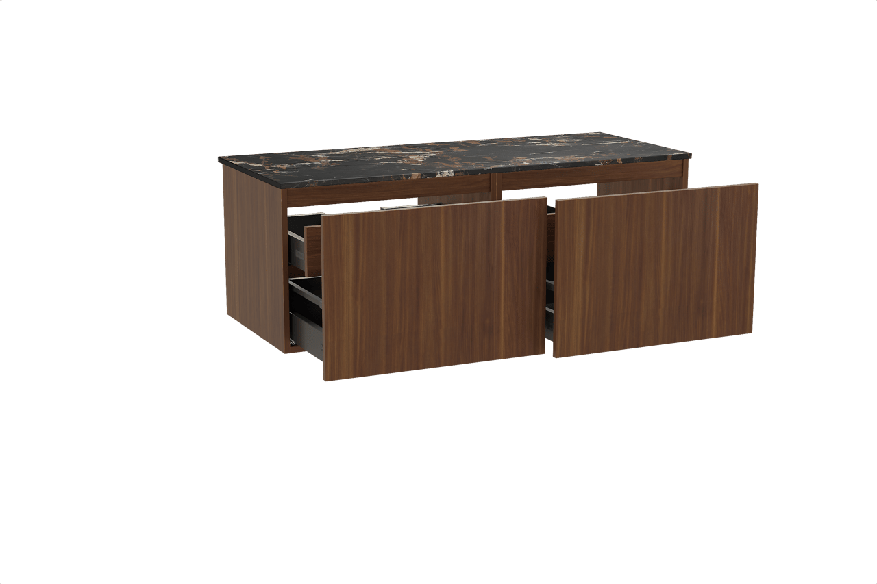 Balmani Sfera hängendes Möbelstück Set: 135 x 55 cm, Amerikanischer Nussbaum, mit Stretto Einzel- oder Doppel Waschtischplatte, Marmor Portoro Gold