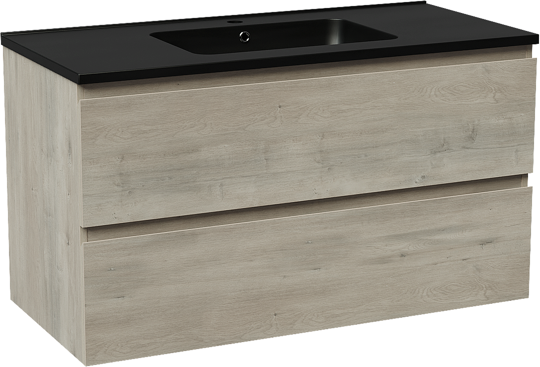 Linie Lado zwevend badkamermeubel 100 x 46 cm grijze eik met Vano enkele wastafel in composietmarmer mat zwart