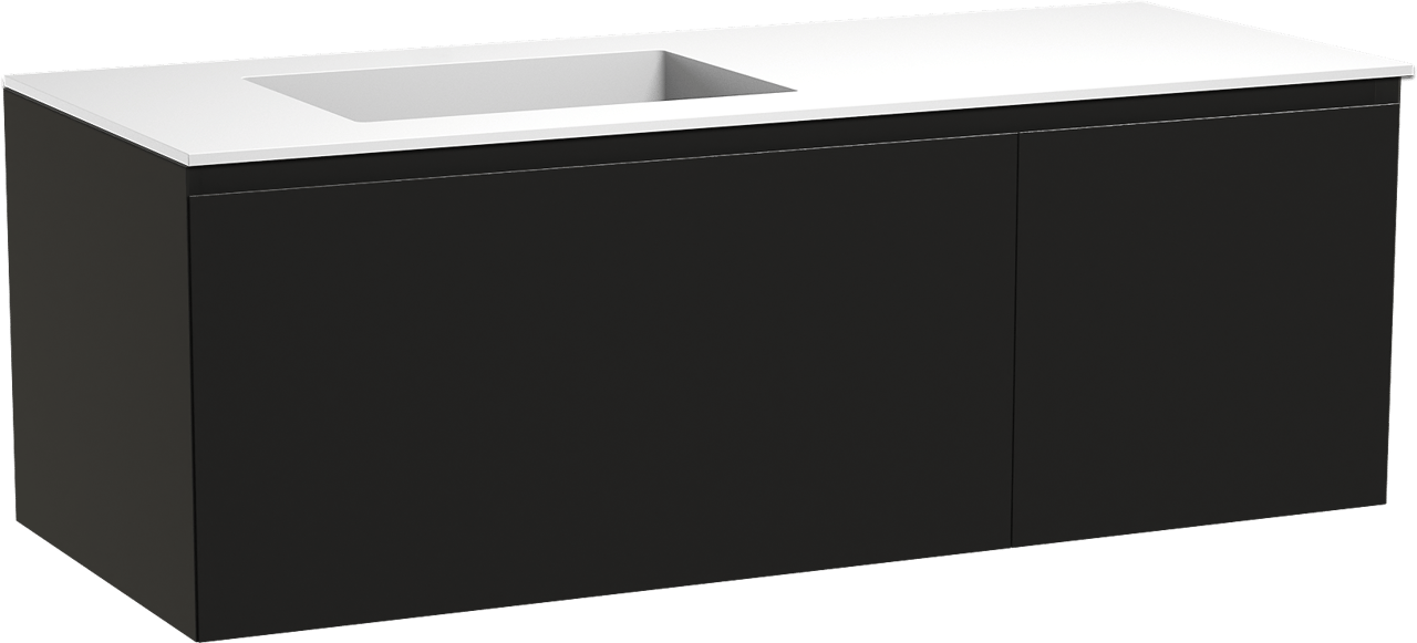 Balmani Idra hängendes Möbelstück Set: 135 x 55 cm, Schwarz matt, mit Tablo Stretto Waschtisch links, Solid Surface Weiß matt