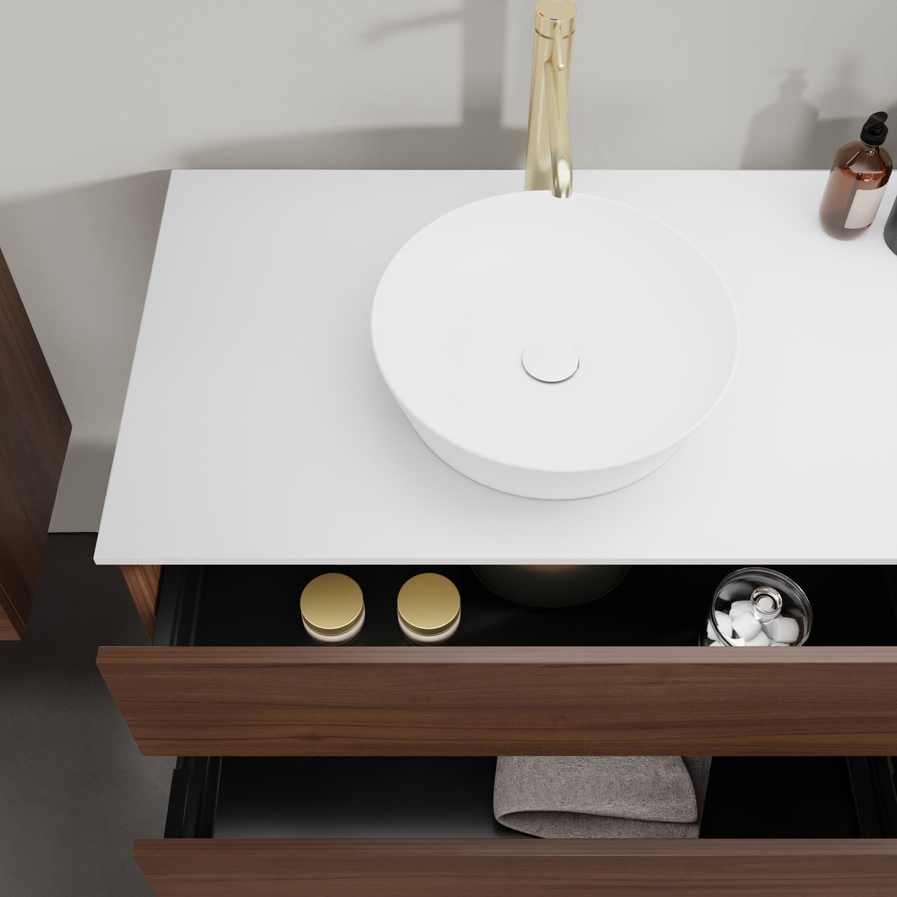 Balmani Lucida meuble salle de bains suspendu 180 x 55 cm noyer américain avec Stretto tablette simple ou double en solid surface blanc mat