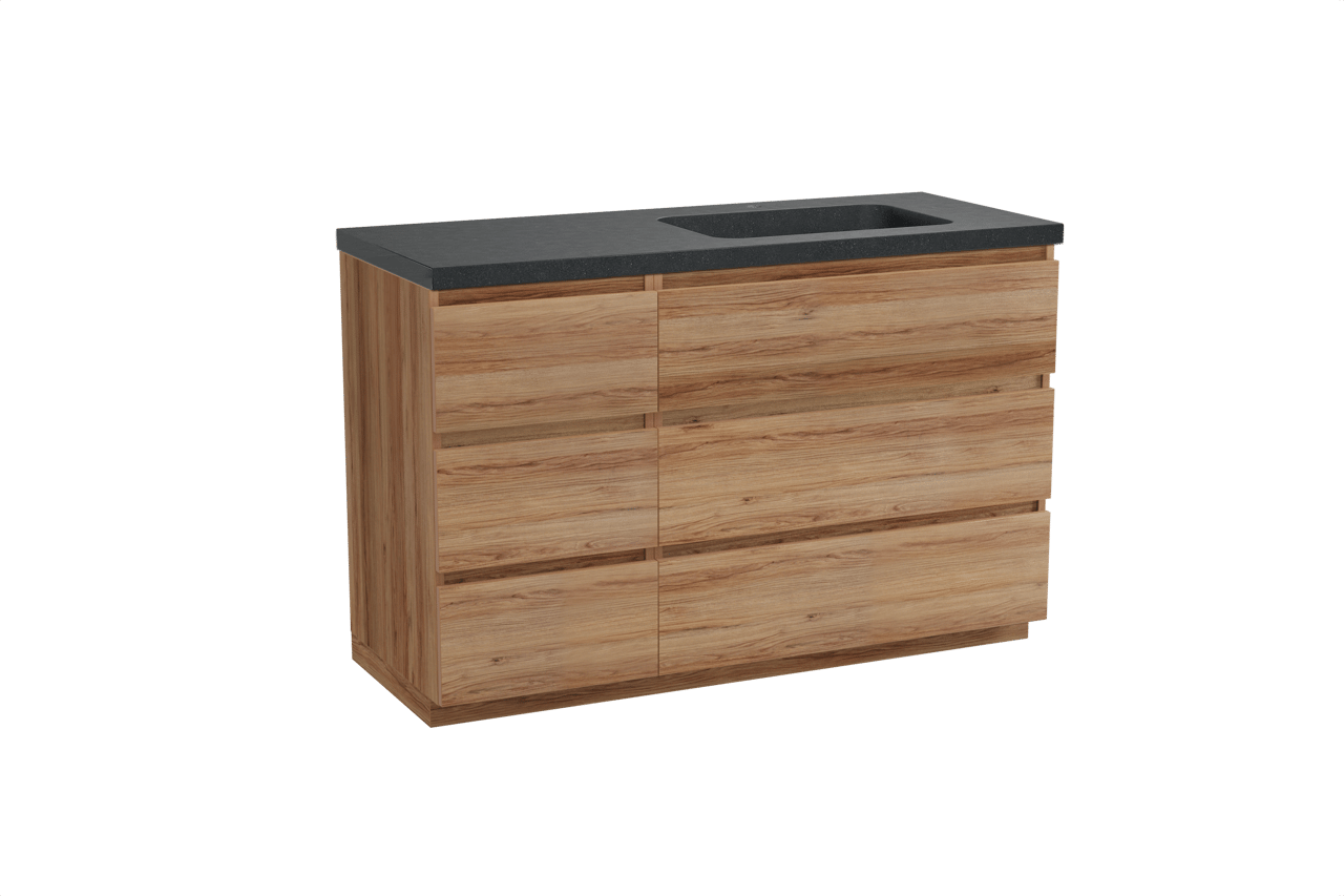 Balmani Lucida freistehendes Möbelstück Set: 135 x 55 cm, Teak, mit Napoli Waschtisch rechts, Schwarzes Granit