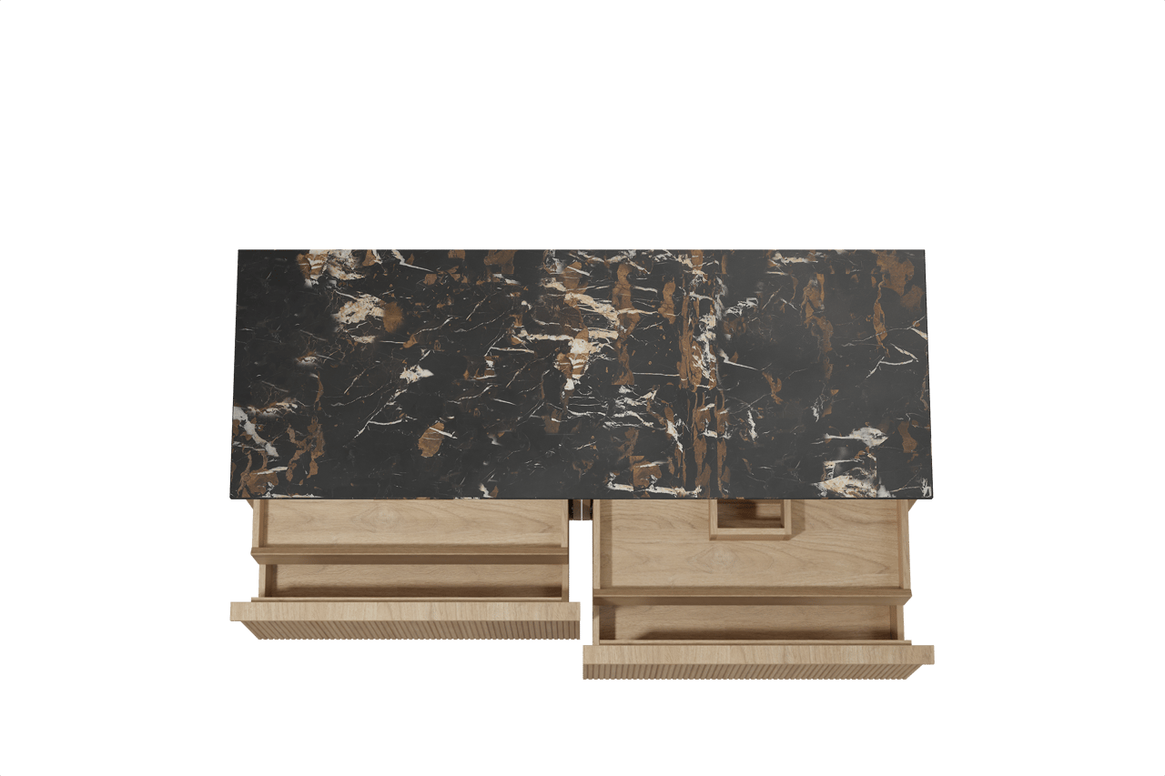 Balmani Forma meuble salle de bains suspendu 150 x 55 cm chêne naturel avec Stretto tablette simple ou double en marbre portoro gold, Nervure droite symétrique verticale