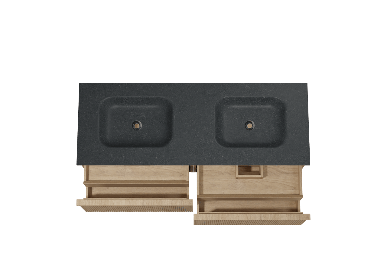 Balmani Forma hängendes Möbelstück Set: 150 x 55 cm, Naturbelassene Eiche, mit Tablo Arcato Doppelwaschtisch, Granit, Schwarzes Granit, Vertikale symmetrische gerade Rippe