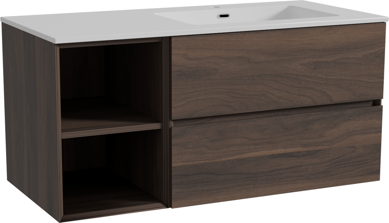 Storke Edge meuble salle de bains suspendu 110 x 52 cm noyer avec Diva vasque asymétrique droite en marbre composite blanc brillant