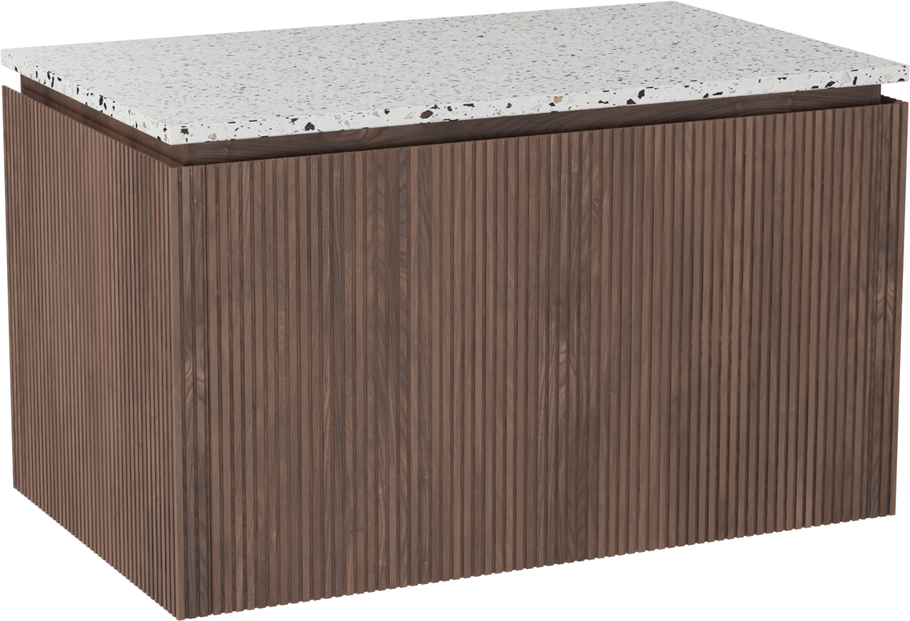 Balmani Eclips hängendes Möbelstück Set: 90 x 55 cm, Amerikanischer Nussbaum, mit Stretto Einzel Waschtischplatte Bianco Nero Terrazzo, Vertikale symmetrische gerade Rippe