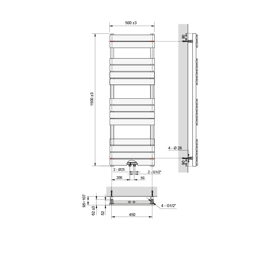 ENKEL VOOR DUITSE MARKT - Vipera Vulcan enkele handdoekradiator 50 x 150 cm elektrische verwarming mat wit zij- en middenaansluiting 740W, weerstand inbegrepen
