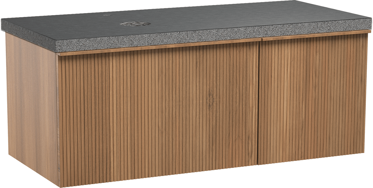 Balmani Forma hängendes Möbelstück Set: 120 x 55 cm, Teak, mit Rock Waschtisch links, Granit, Schwarzes Granit, Vertikale symmetrische gerade Rippe