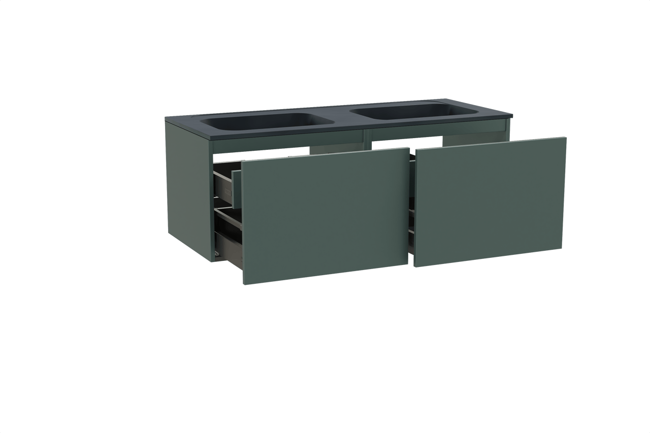 Balmani Sfera zwevend badkamermeubel 135 x 55 cm forest met Tablo Strada dubbele wastafel in composietmarmer mat zwart