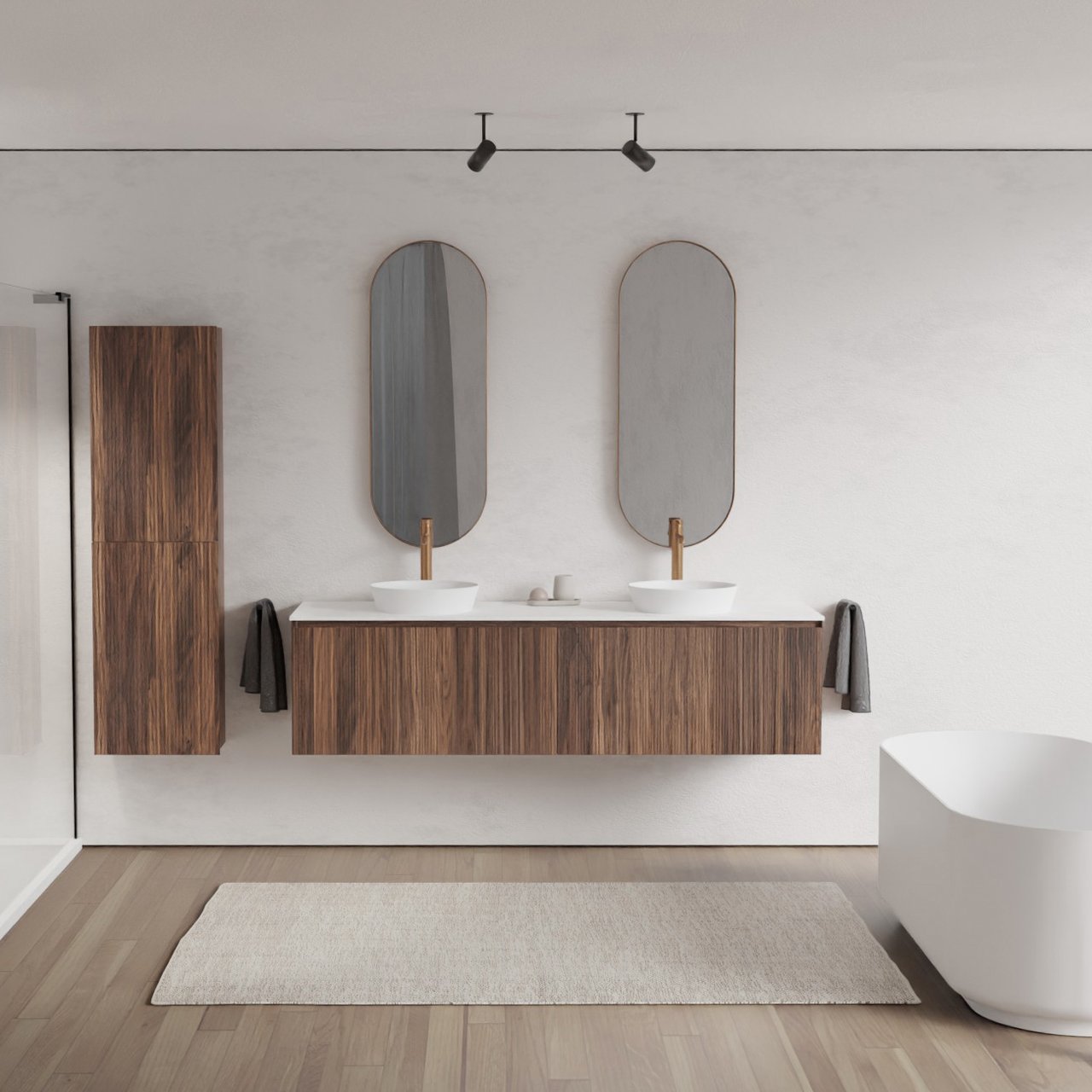 Balmani Fila hängendes Möbelstück Set: 180 x 55 cm, Nussbaum, mit Stretto Einzel- oder Doppel Waschtischplatte, Solid Surface, Weiß matt, Vertikale symmetrische gerade Rippe