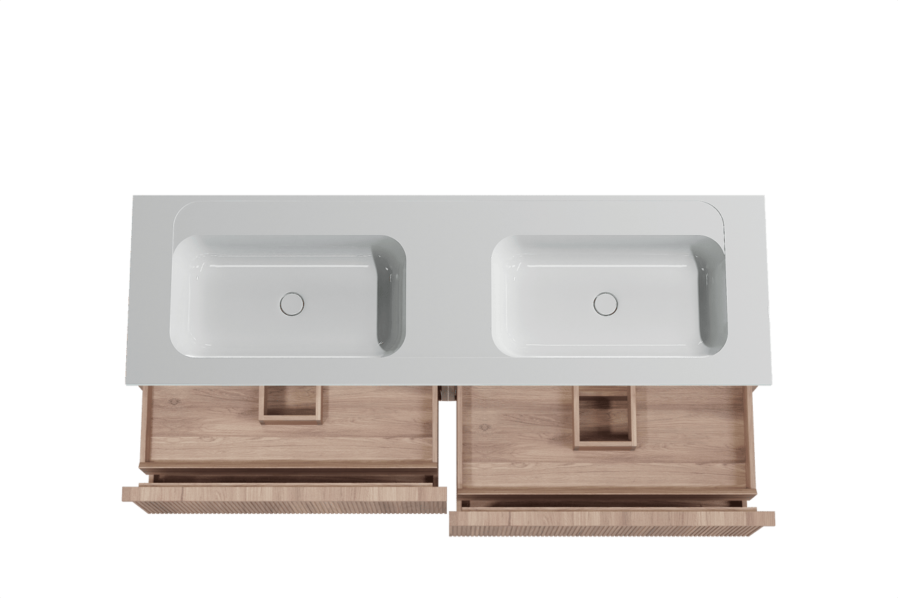 Balmani Forma hängendes Möbelstück Set: 180 x 55 cm, Teak, mit Tablo Strada Doppelwaschtisch, Marmorkomposit, Weiß glänzend, Vertikale symmetrische gerade Rippe