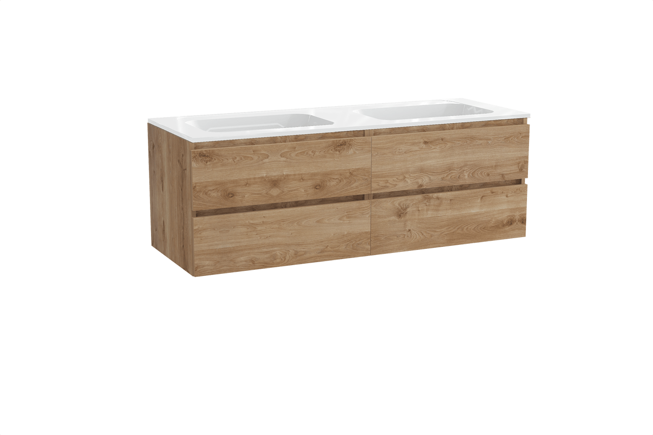 Balmani Lucida hängendes Möbelstück Set: 150 x 55 cm, Rohe Eiche, mit Tablo Strada Doppelwaschtisch, Marmorkomposit Weiß glänzend