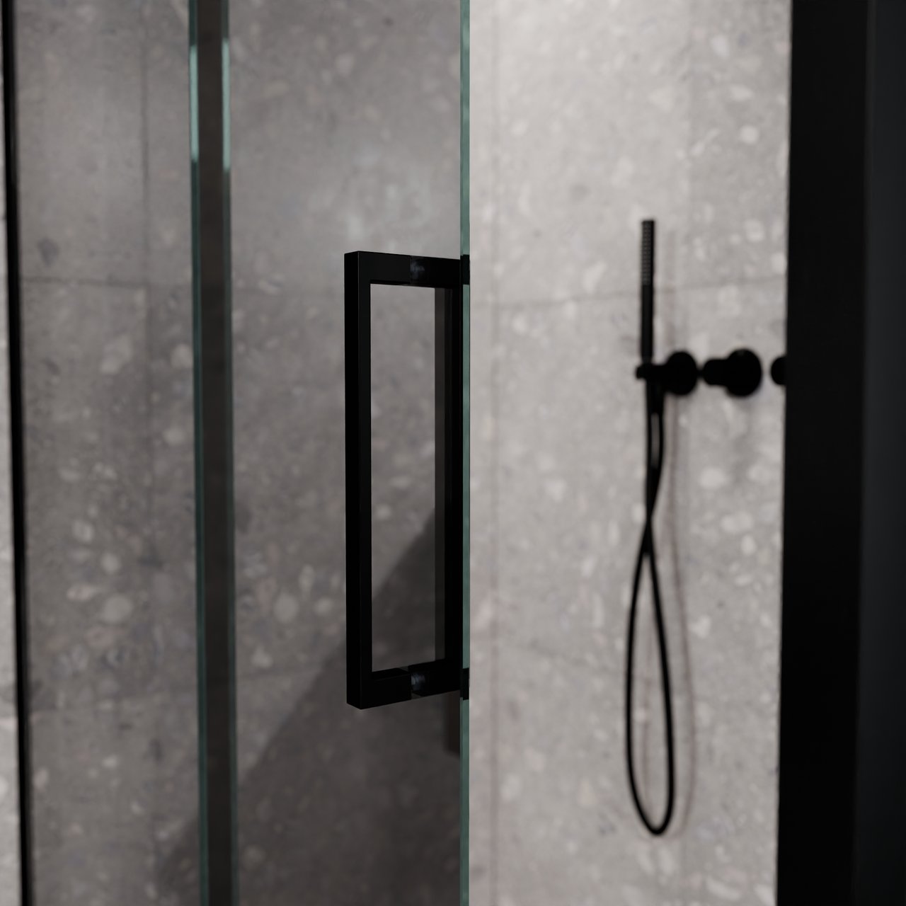 Balmani Senses Design douche d'angle avec porte coulissante à gauche et paroi latérale fixe, 140 x 80 cm, Verre miroir reflex, Profil Noir mat, coating inclus