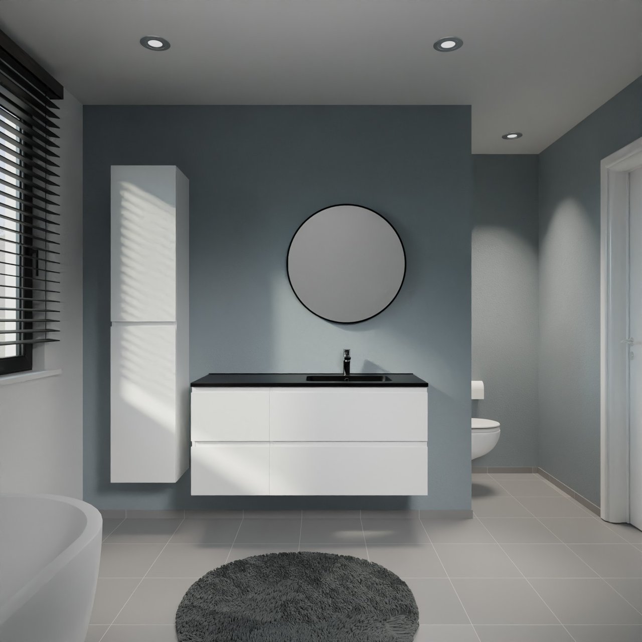 Linie Lado hängendes Möbelstück Set: 120 x 46 cm, Weiß matt, mit Vano Waschtisch rechts, Marmorkomposit Schwarz matt