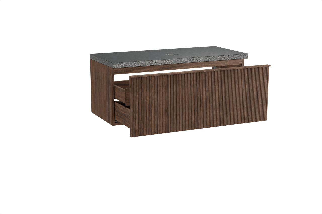 Balmani Forma zwevend badkamermeubel 120 x 55 cm amerikaanse notelaar met Rock enkel tablet in graniet zwart, Verticale symmetrische rechte ribbel